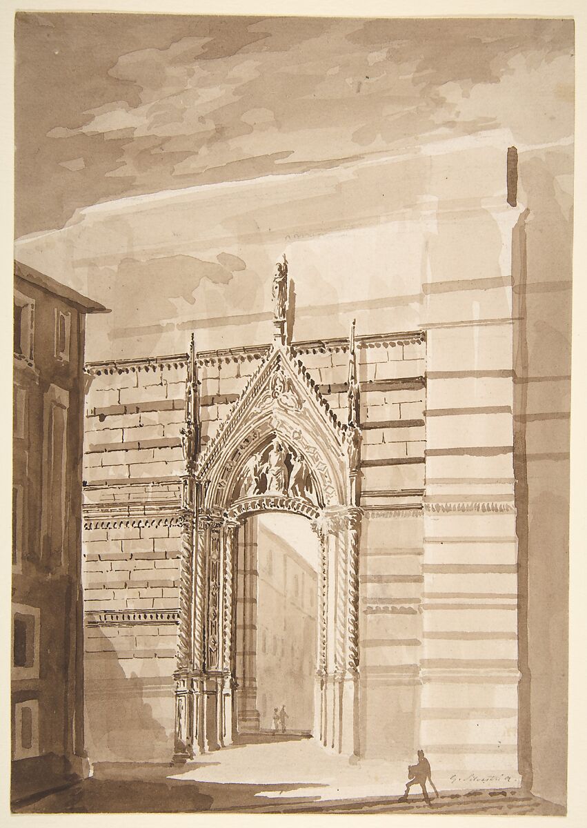 View of the Entrance to the Piazza del Duomo from the Piazza San Giovanni in Siena, Giovanni Battista Silvestri (Italian, Florence, 1796–1873), Pen and brown ink, brush and brown wash, over black chalk (or graphite) 