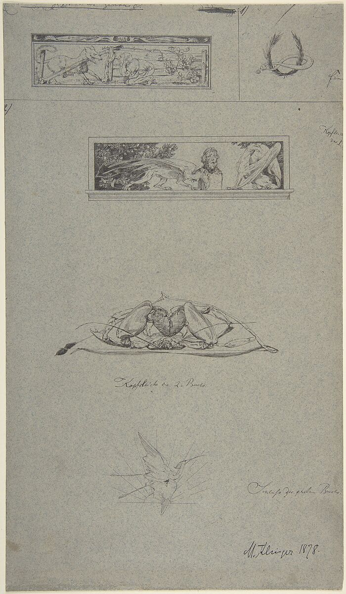 Studies for headpieces and vignettes in the book, Amor und Psyche (Opus V), Max Klinger (German, Leipzig 1857–1920 Großjena), Pen and ink on blue paper 
