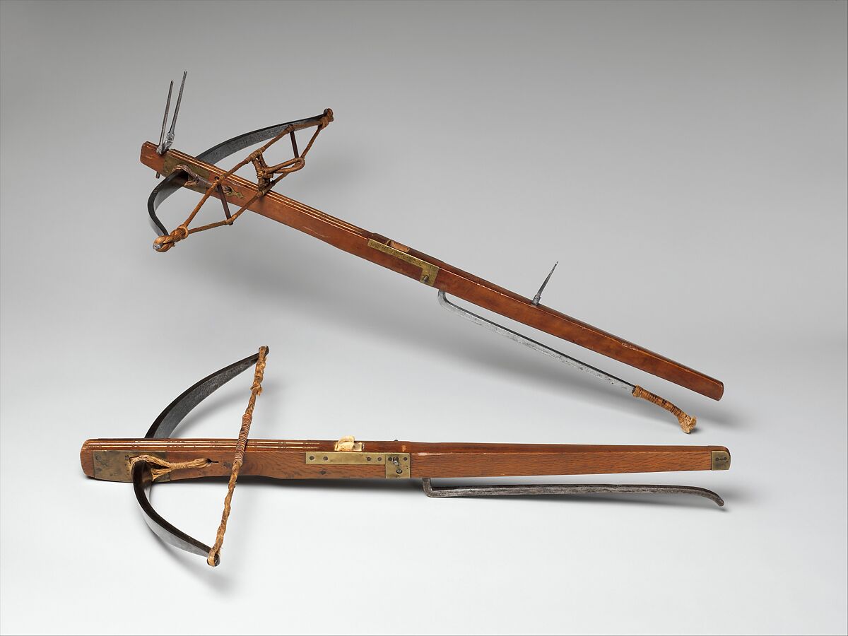 Crossbow with Spanning Lever, Steel, wood (holly oak), staghorn, copper alloy, hemp, leather, Spanish, possibly Valencia or Toledo; lever possibly Madrid 