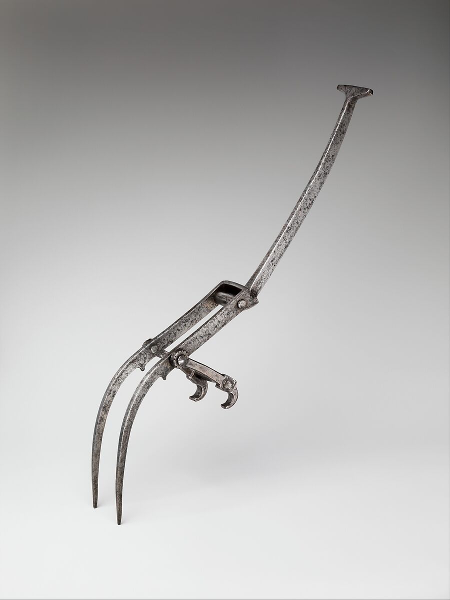 Crossbow with Spanning Lever, Steel, wood (holly oak), staghorn, copper alloy, hemp, leather, Spanish, possibly Valencia or Toledo; lever possibly Madrid