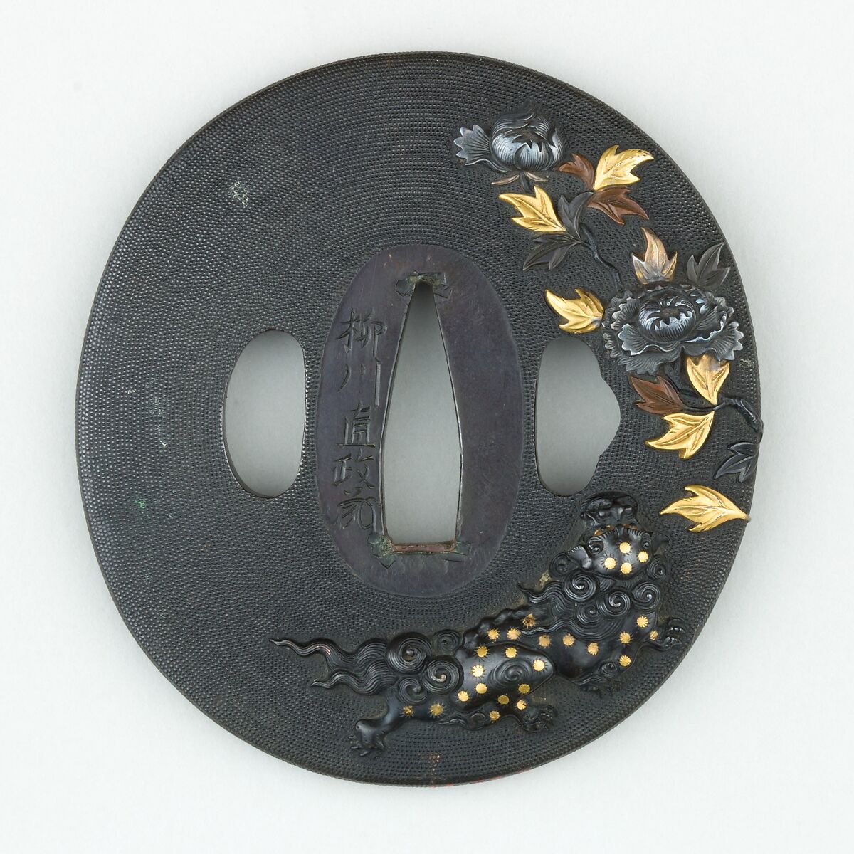 Sword Guard (<i>Tsuba</i>), Copper-gold alloy (shakudō), gold, silver, copper, Japanese 