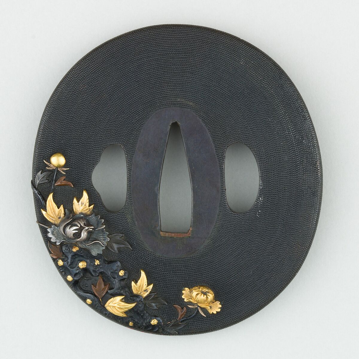 Sword Guard (<i>Tsuba</i>), Copper-gold alloy (shakudō), gold, silver, copper, Japanese