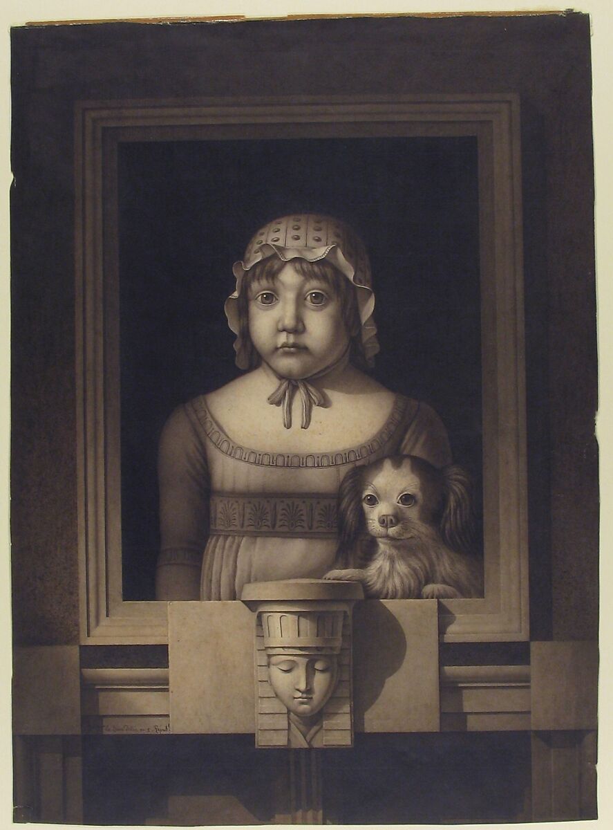 Portrait of a Girl and Her Dog, Jean Jacques Lequeu (French, Rouen 1757–1825 Paris), Pen and black and gray ink, brush and gray wash
