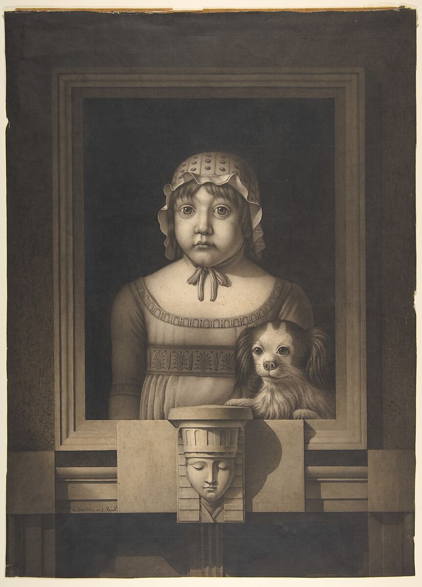 Portrait of a Girl and Her Dog, Jean Jacques Lequeu (French, Rouen 1757–1825 Paris), Pen and black and gray ink, brush and gray wash 