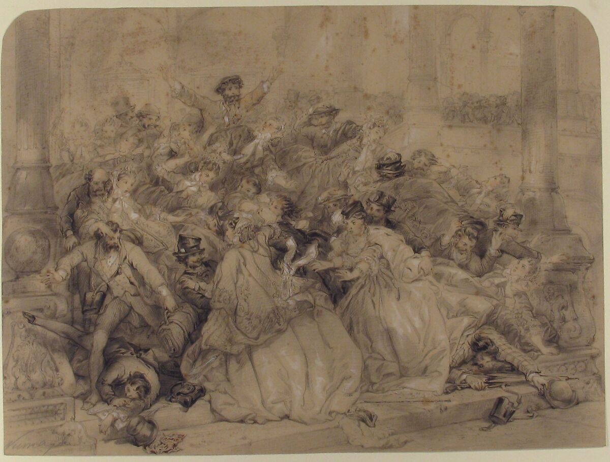 At the Railroad Station, Pierre-Numa Bassaget, called Numa (French, active 1830–54), Graphite, black and red chalk, heightened with white