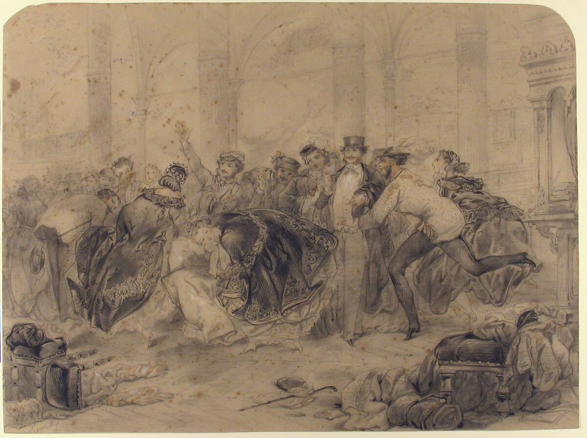 Crowd Leaving a Theater (?), Pierre-Numa Bassaget, called Numa (French, active 1830–54), Graphite, black and red chalk, heightened with white