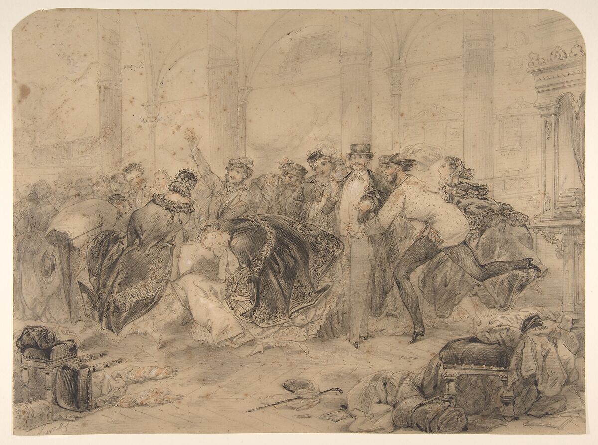 Crowd Leaving a Theatre [?], Pierre-Numa Bassaget, called Numa (French, active 1830–54), Graphite, black and red chalk, heightened with white 