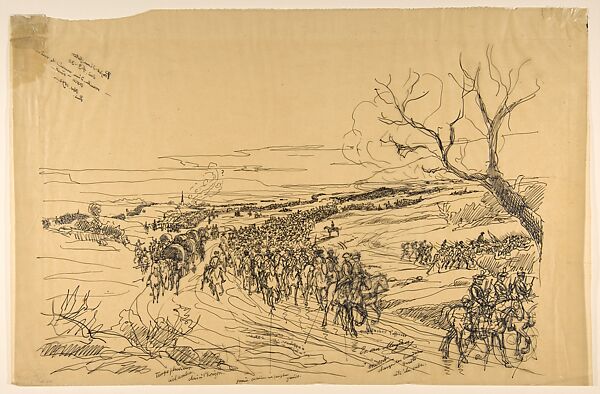 Drawing for an Etching: Cavaliers in a Landscape, Evert Louis van Muyden (Swiss, Albano Laziale 1853–1922 Orsay), Pen and black ink on wax paper 