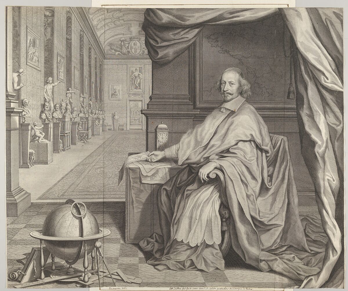 Cardinal Jules Mazarin Seated Within the Gallery of his Palace, Robert Nanteuil  French, Engraving