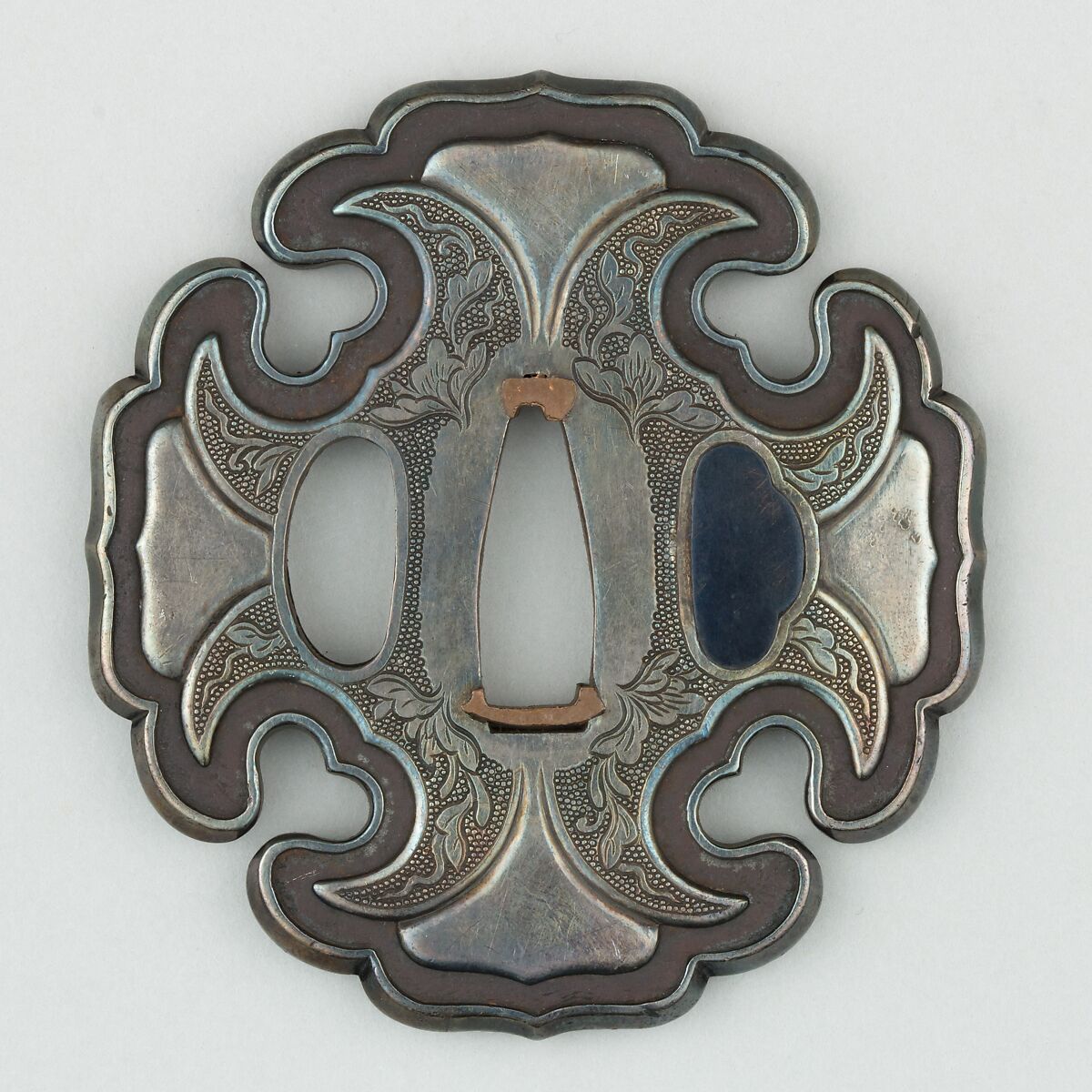 Sword Guard (Tsuba), Copper-silver alloy (shibuichi), silver, copper, Japanese 