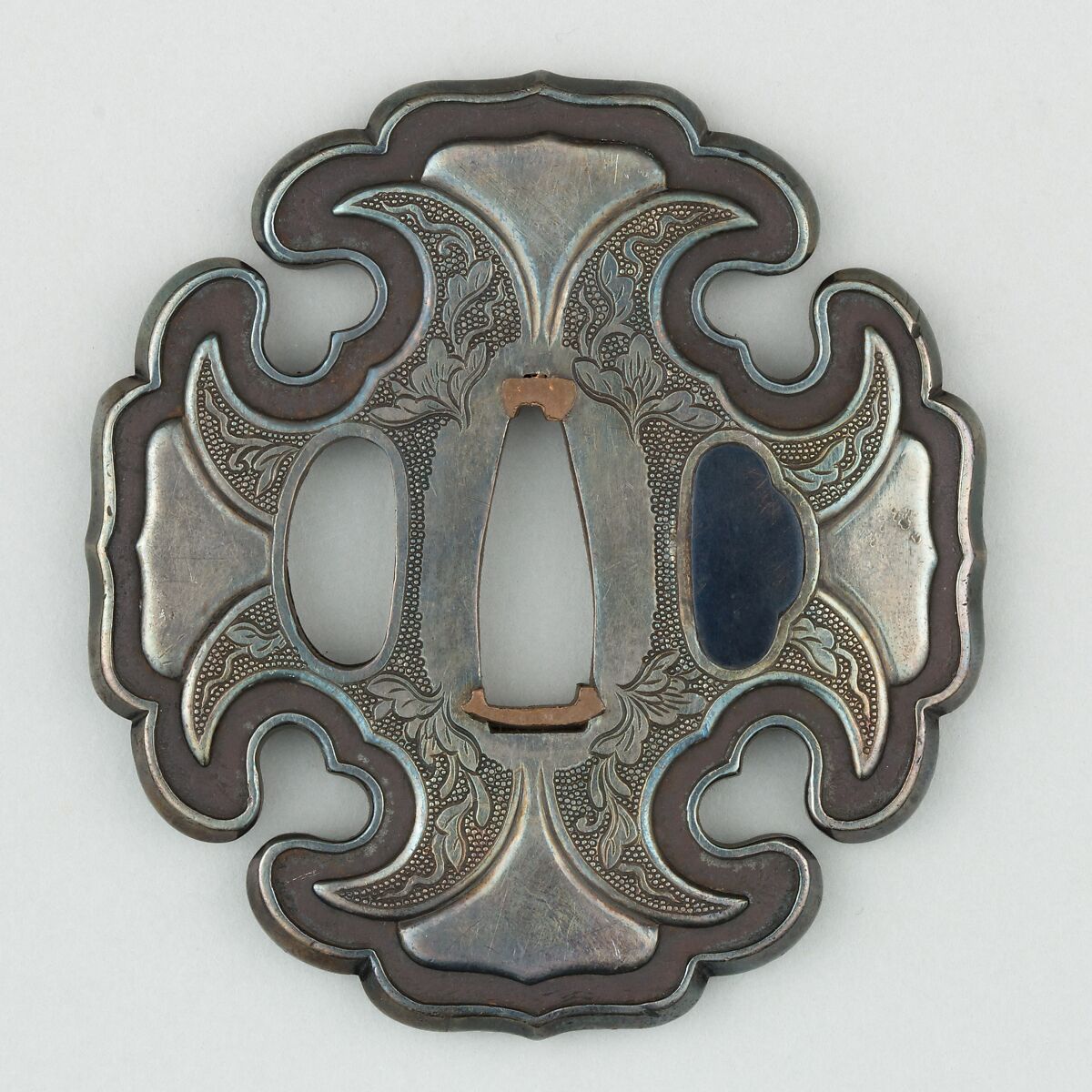 Sword Guard (<i>Tsuba</i>), Copper-silver alloy (shibuichi), silver, copper, Japanese 