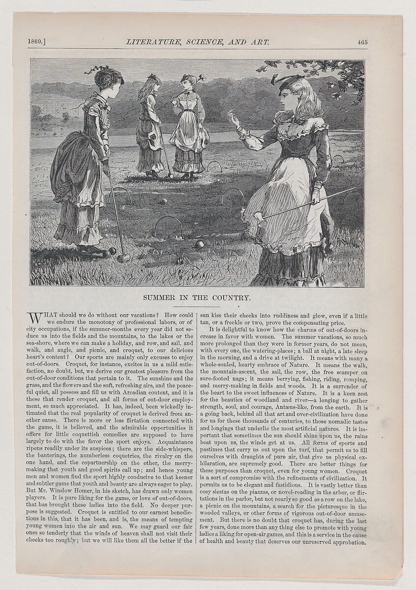 Summer in the Country (from "Appleton's Journal," Vol. I), After Winslow Homer (American, Boston, Massachusetts 1836–1910 Prouts Neck, Maine), Wood engraving