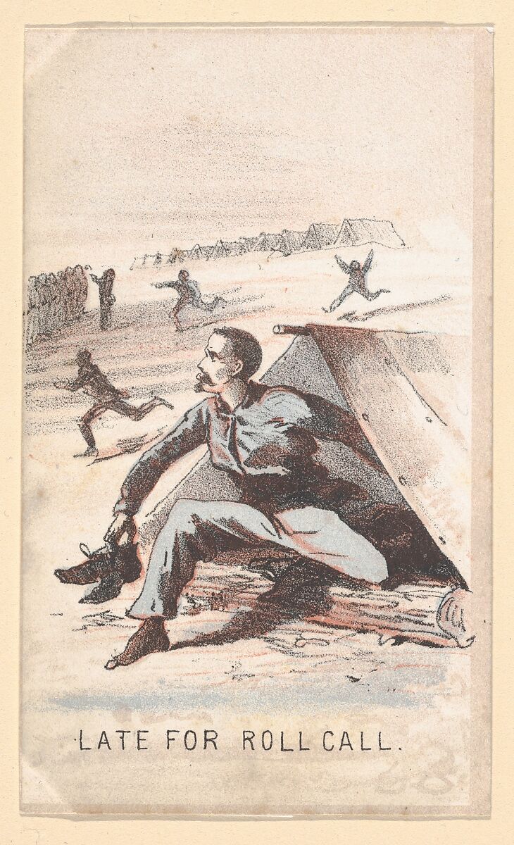 Life in Camp, Part 1: Building Castles; Hard Tack; Upset His Coffee; Water Call; A Shell is Coming; Riding on a Rail; Surgeons Call; An Unwelcome Visit; Late for Roll Call; Stuck in the Mud; The Guard House; Tossing in a Blanket, After Winslow Homer (American, Boston, Massachusetts 1836–1910 Prouts Neck, Maine), Color lithograph