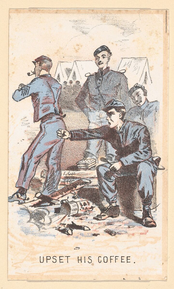 Life in Camp, Part 1: Building Castles; Hard Tack; Upset His Coffee; Water Call; A Shell is Coming; Riding on a Rail; Surgeons Call; An Unwelcome Visit; Late for Roll Call; Stuck in the Mud; The Guard House; Tossing in a Blanket, After Winslow Homer (American, Boston, Massachusetts 1836–1910 Prouts Neck, Maine), Color lithograph