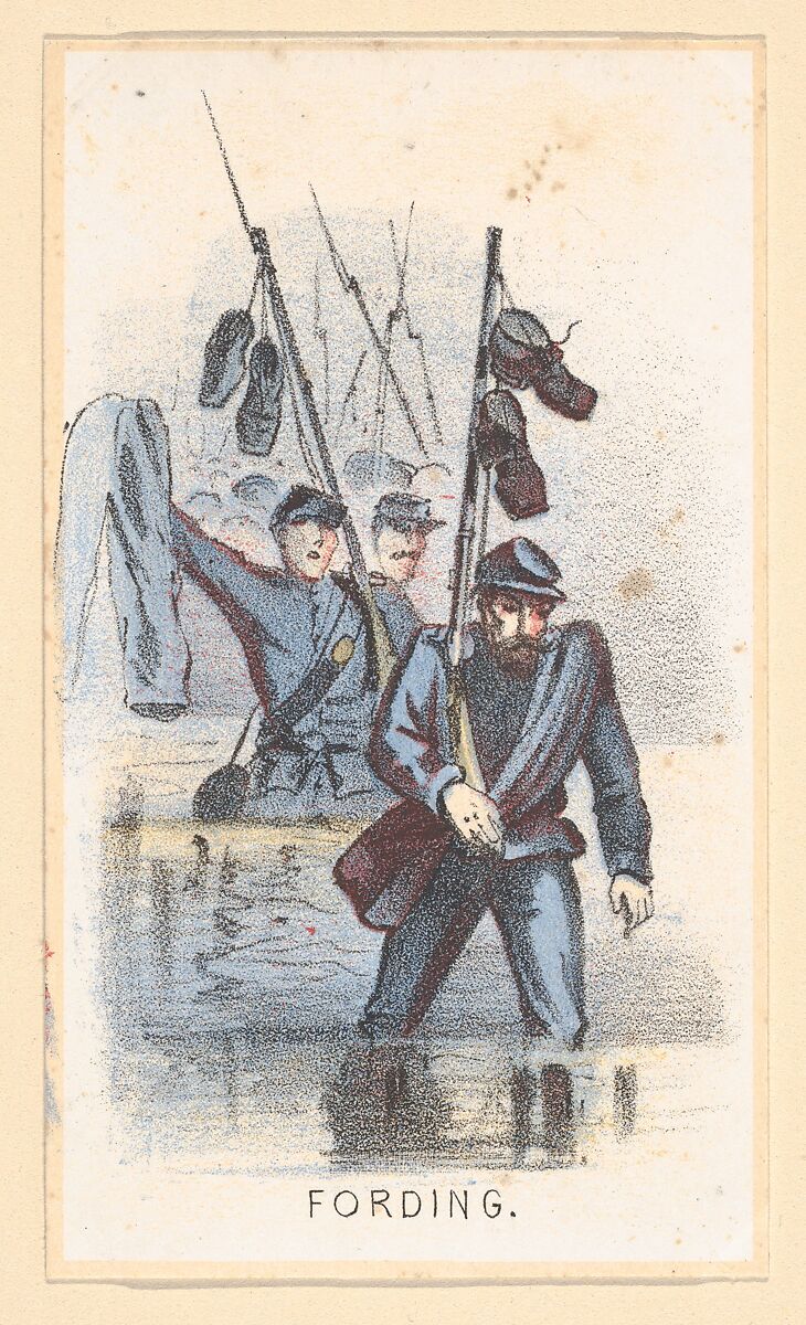 Life in Camp, Part 2: In the Trenches; Good Bye; Fording; Extra Ration; The Field Barber; The Girl He Left Behind Him; Drummer; A Deserter; Home on Furlough; The Rifle Pit; Teamster; Our Special, After Winslow Homer (American, Boston, Massachusetts 1836–1910 Prouts Neck, Maine), Color lithograph