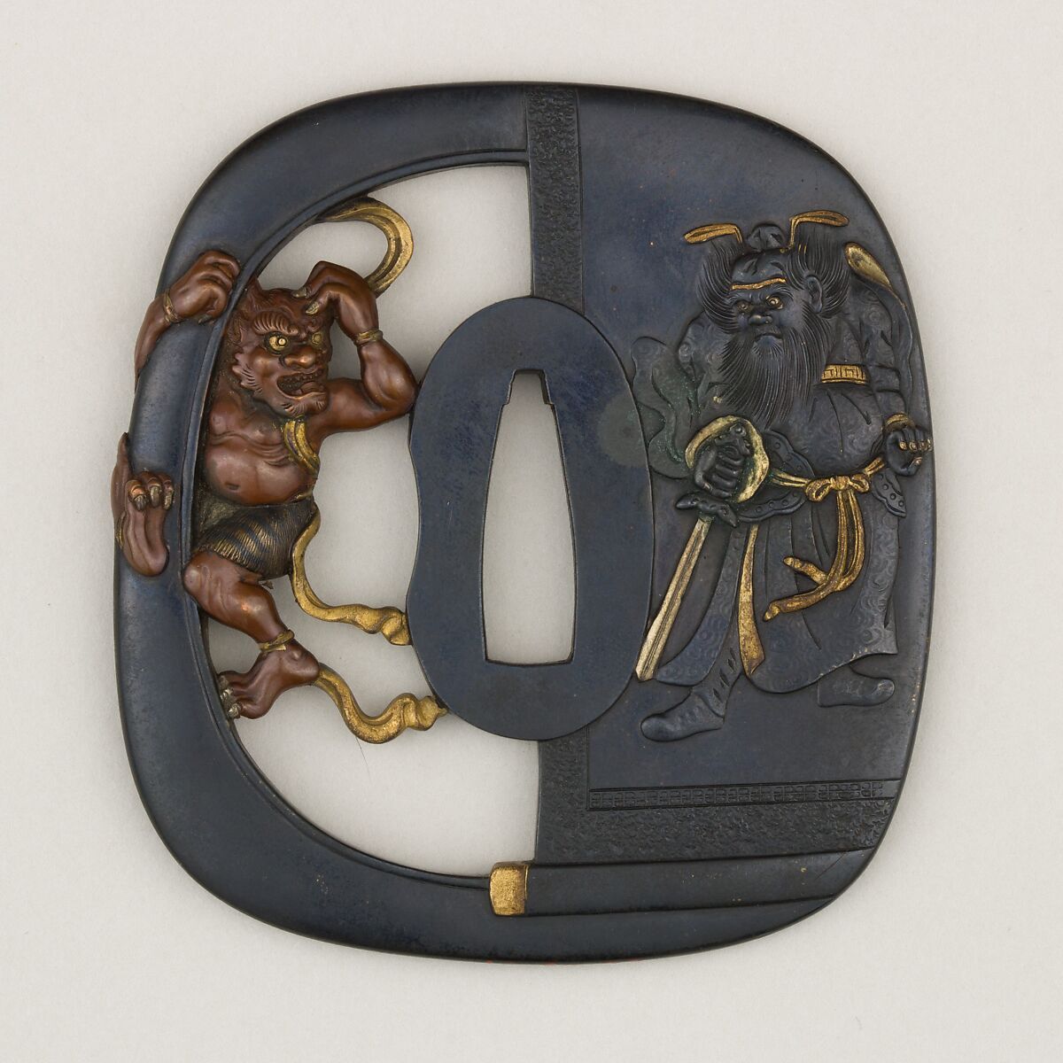 Sword Guard (<i>Tsuba</i>), Copper-gold alloy (shakudō), copper, gold, silver, Japanese 