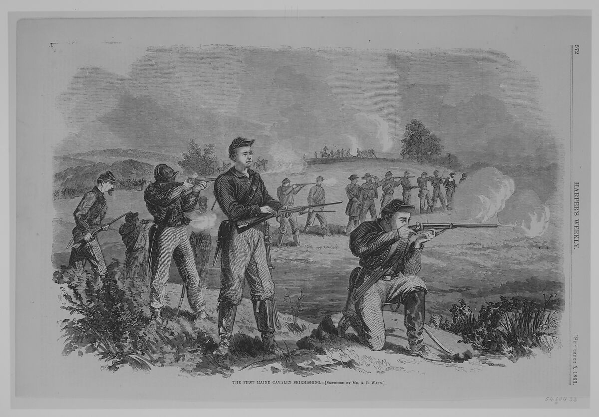 The First Maine Cavalry Skirmishing, Alfred Rudolf Waud (American (born England), London 1828–1891 Marietta, Georgia), Wood engraving 