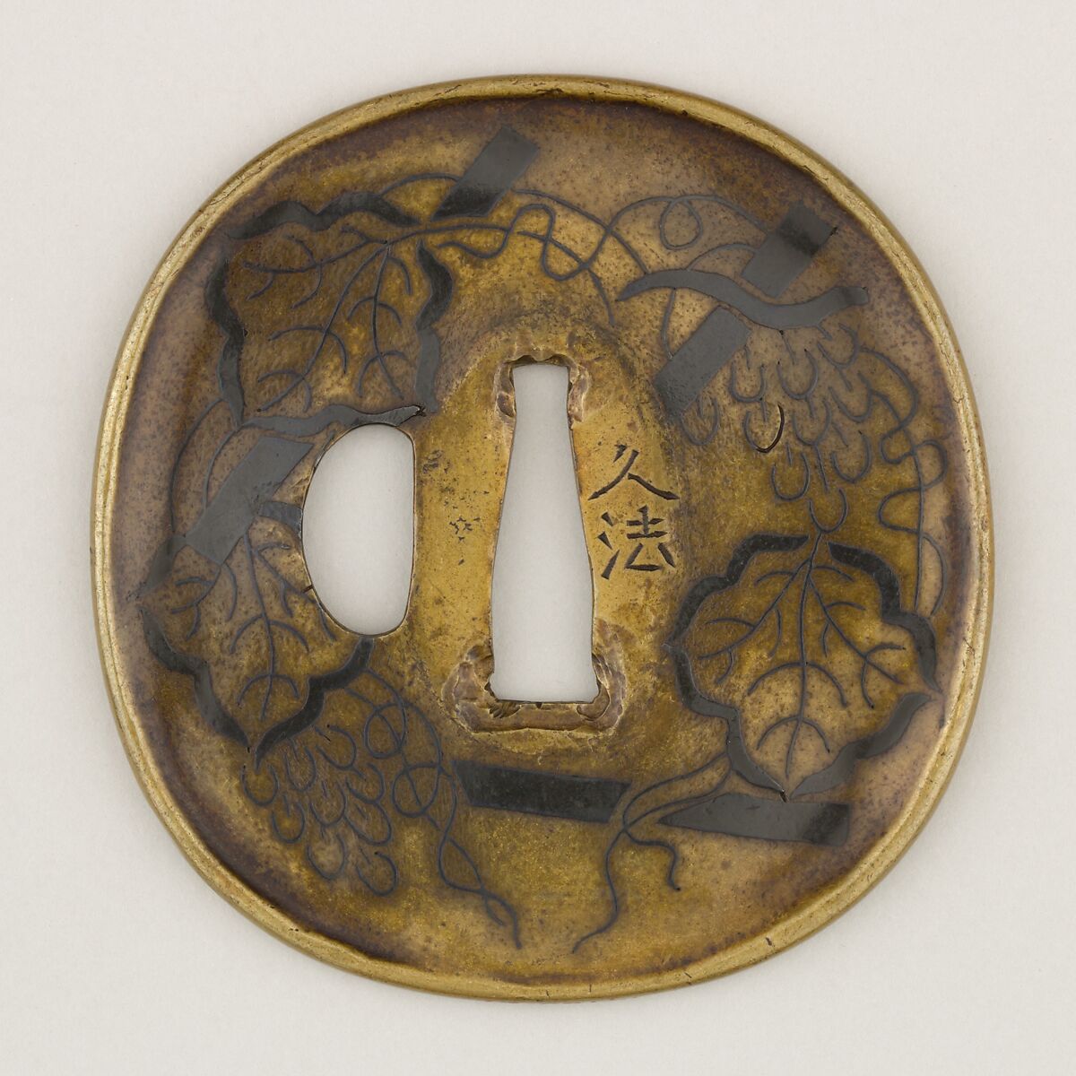 Sword guard (<i>Tsuba</i>) With Grapevines on Trellis Motif (葡萄棚図鐔), Inscribed by Hisanori (Japanese, active ca. 17th century), Brass, copper-gold alloy (shakudō), Japanese 