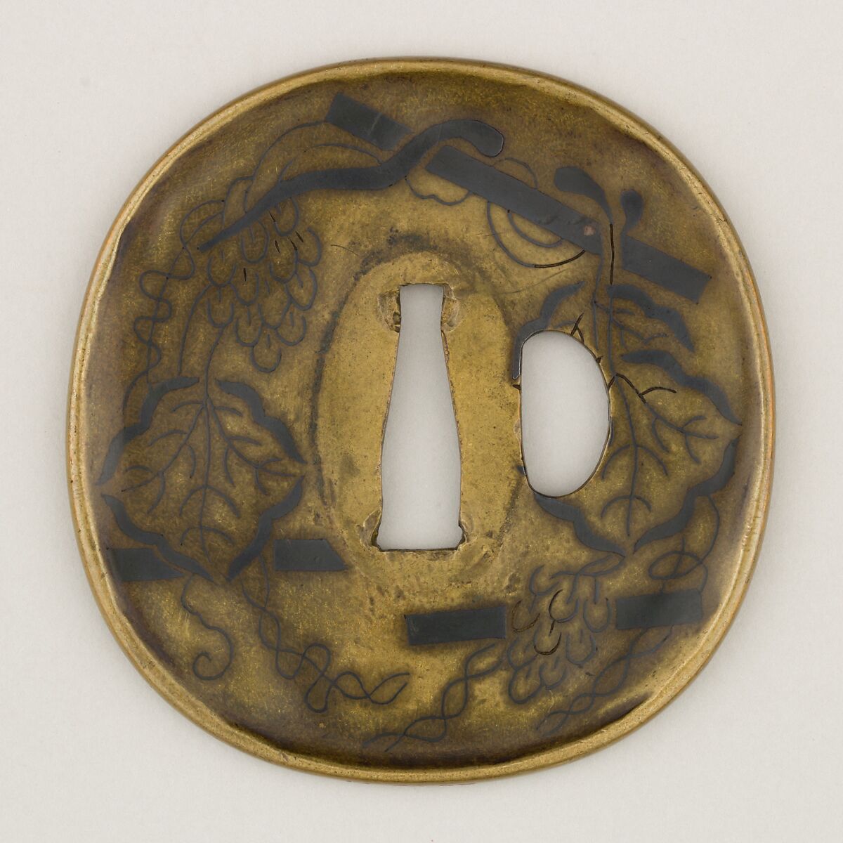 Sword guard (<i>Tsuba</i>) With Grapevines on Trellis Motif (葡萄棚図鐔), Inscribed by Hisanori (Japanese, active ca. 17th century), Brass, copper-gold alloy (shakudō), Japanese