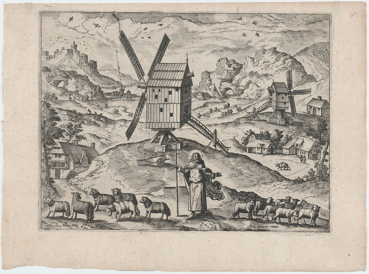 Landscape with Windmills and Christ as Good Shepherd, Lucas Gassel (Flemish, Helmond ca. 1495/1500–ca. 1570 Brussels), Etching and engraving 