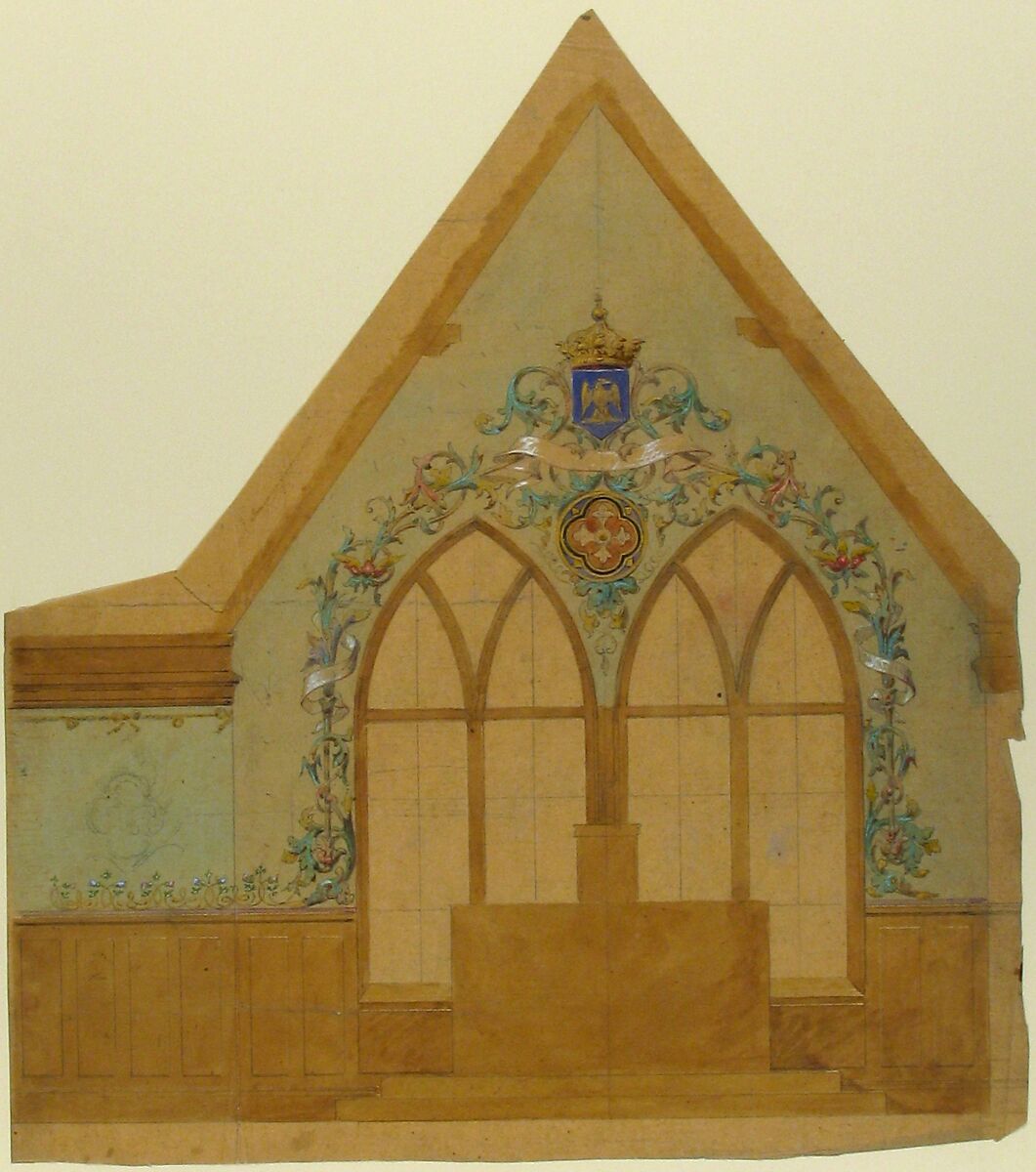 Design for an Altar Chapel, Farnborough, England, Jules-Edmond-Charles Lachaise (French, died 1897), Graphite, watercolor, gouache, and gilt on tissue paper