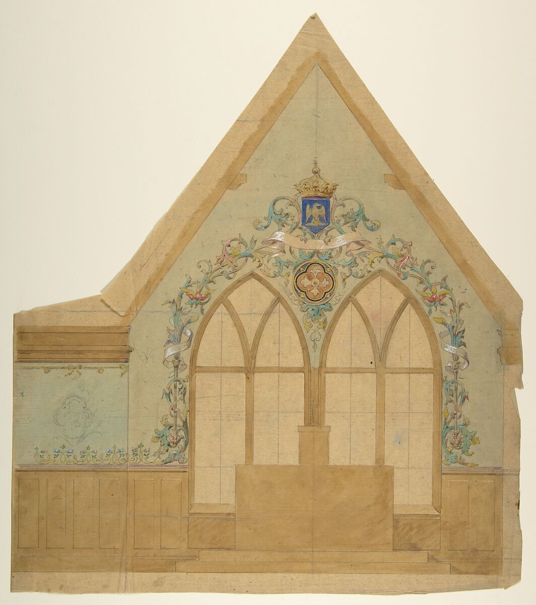 Design for an Altar Chapel, Farnborough, England, Jules-Edmond-Charles Lachaise (French, died 1897), Graphite, watercolor, gouache, and gilt on tissue paper 