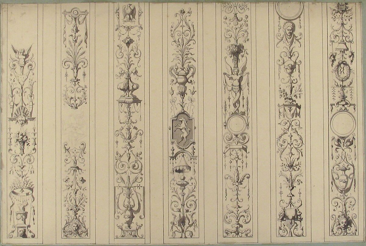 Design for Seven Vertical Panels of Arabesque Decoration, Farnsborough, England, Jules-Edmond-Charles Lachaise (French, died 1897), Pen and black ink, brush and gray wash, graphite
