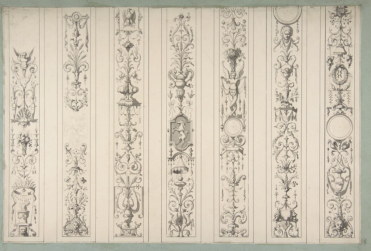 Design for Seven Vertical Panels of Arabesque Decoration, Farnsborough, England, Jules-Edmond-Charles Lachaise (French, died 1897), Pen and black ink, brush and gray wash, graphite 