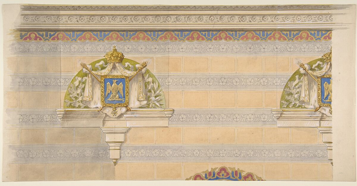 Design for Upper Wall Decoration, Farnborough, England, Jules-Edmond-Charles Lachaise (French, died 1897), Watercolor and gilt 