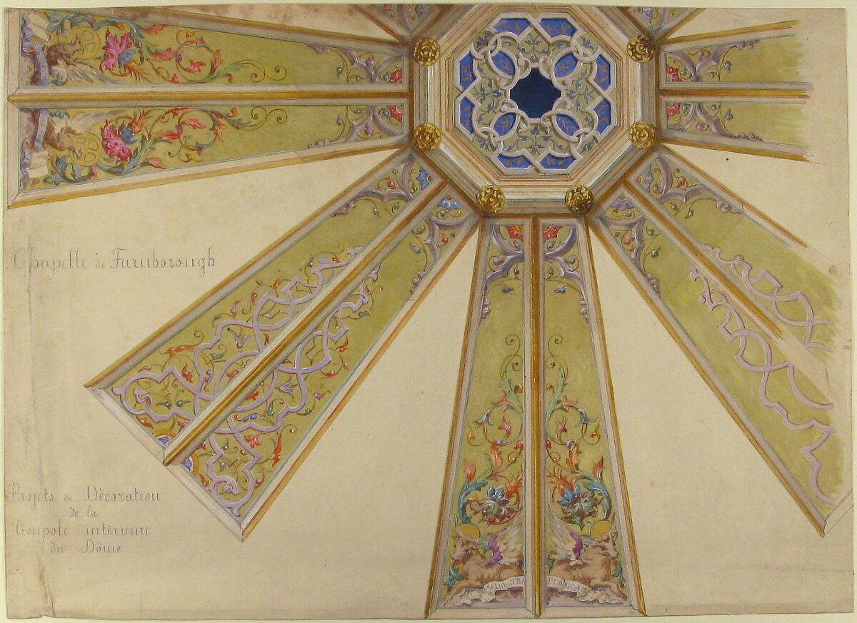 Design for the Interior Cupola of a Domed Chapel, Farnborough, England, Jules-Edmond-Charles Lachaise (French, died 1897), Watercolor, gilt, pen and gray ink, graphite