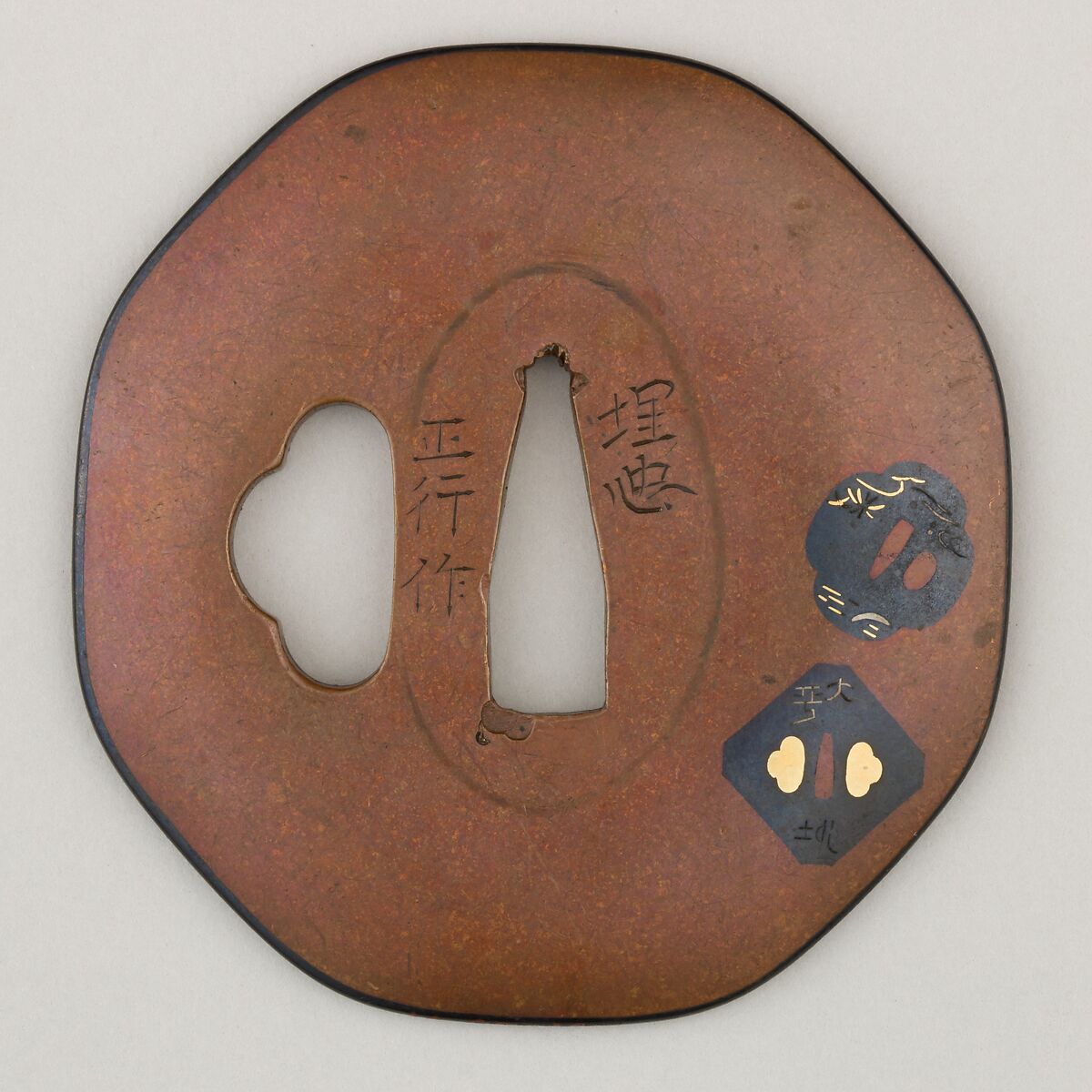 Sword Guard (<i>Tsuba</i>), Copper alloy (possibly bronze), copper-gold alloy (shakudō), gold, silver, copper, Japanese 