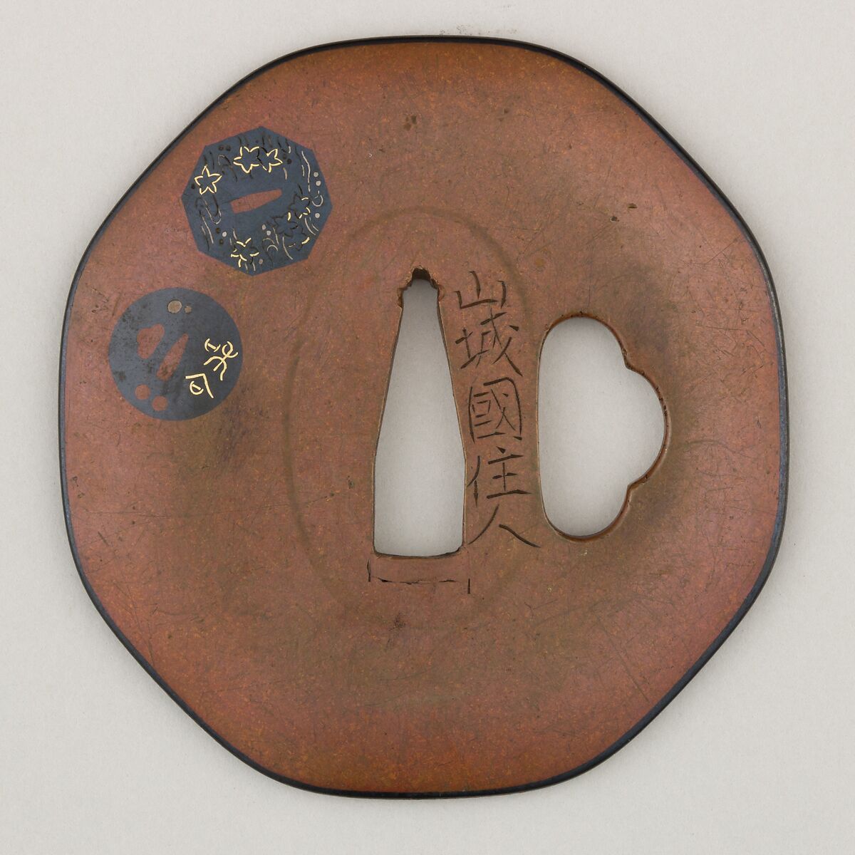 Sword Guard (<i>Tsuba</i>), Copper alloy (possibly bronze), copper-gold alloy (shakudō), gold, silver, copper, Japanese