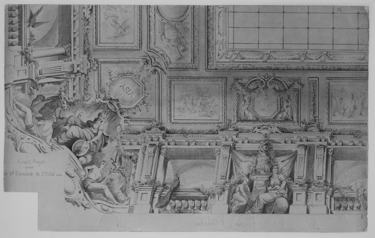 Ceiling and Cove Designs for Stairway, Hôtel Rothschild, Vienna, Jules-Edmond-Charles Lachaise (French, died 1897), Graphite, pen and gray ink, brush and gray wash, on tissue paper mounted on cardboard