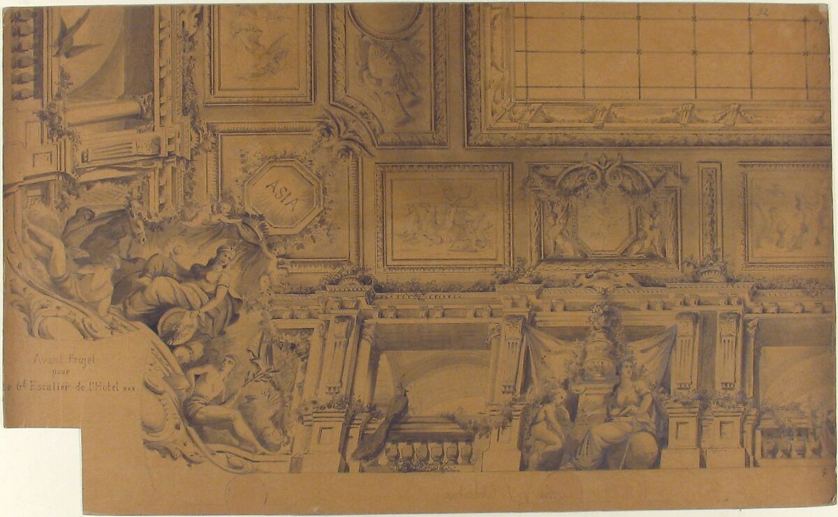 Ceiling and Cove Designs for Stairway, Hôtel Rothschild, Vienna, Jules-Edmond-Charles Lachaise (French, died 1897), Graphite, pen and gray ink, brush and gray wash, on tissue paper mounted on cardboard