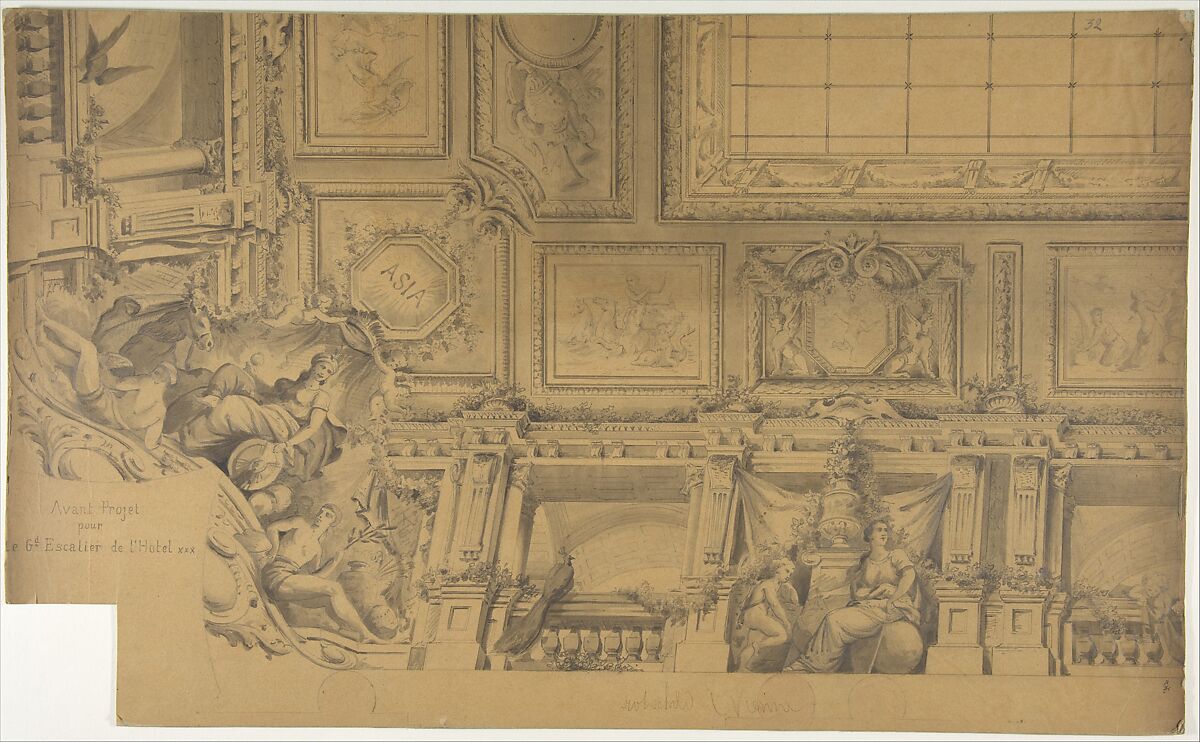 Ceiling and Cove Designs for Stairway, Hôtel Rothschild, Vienna, Jules-Edmond-Charles Lachaise (French, died 1897), Graphite, pen and gray ink, brush and gray wash, on tissue paper mounted on cardboard 