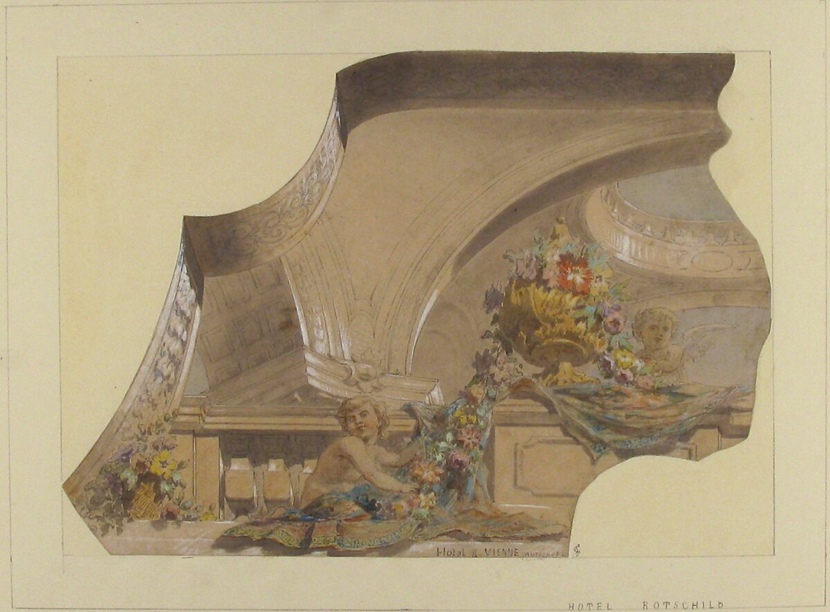 Ceiling and Cove Designs for Stairway, Hôtel Rothschild, Vienna, Jules-Edmond-Charles Lachaise (French, died 1897), Pen and gray ink, watercolor