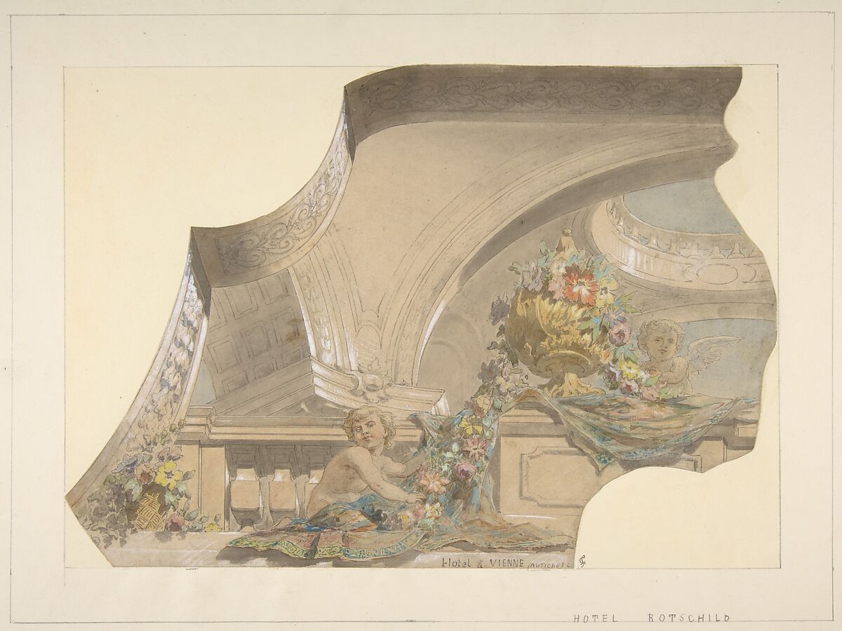 Ceiling and Cove Designs for Stairway, Hôtel Rothschild, Vienna, Jules-Edmond-Charles Lachaise (French, died 1897), Pen and gray ink, watercolor 