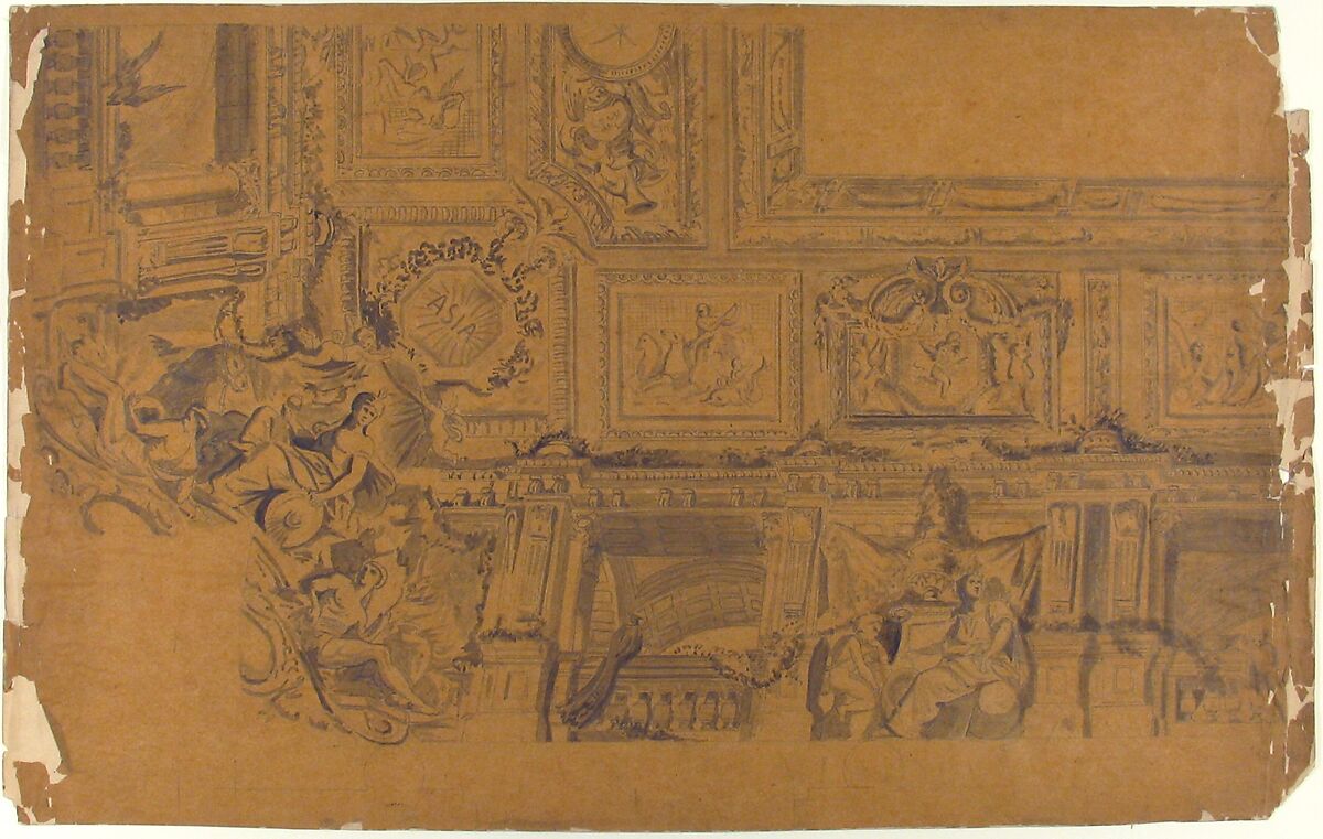 Ceiling and Cove Designs, Hôtel Rothschild, Vienna, Jules-Edmond-Charles Lachaise (French, died 1897), Pen and gray ink, brush and gray wash, graphite