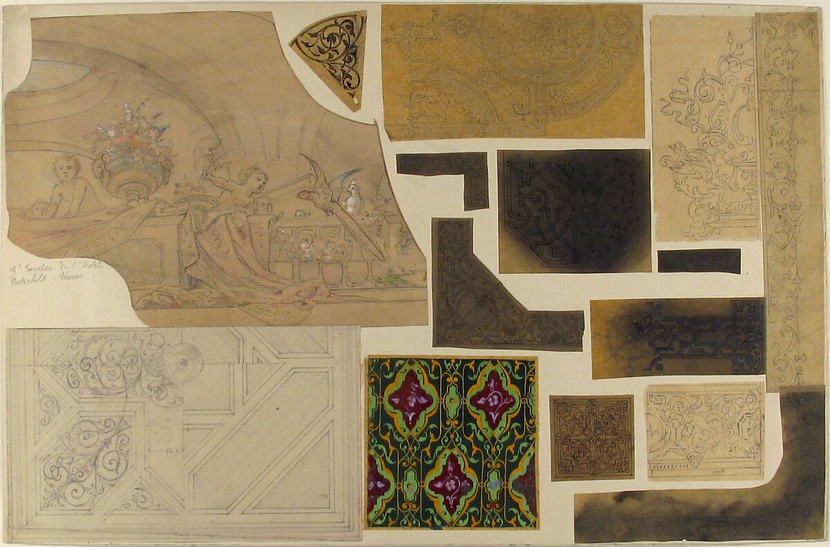 Fifteen Sketches for Ceiling and Cove Designs, Hôtel Rothschild, Vienna, Jules-Edmond-Charles Lachaise (French, died 1897), 15 sheets pasted down. 6 pounced. Media include graphite, pen and gray and black ink, and gouache