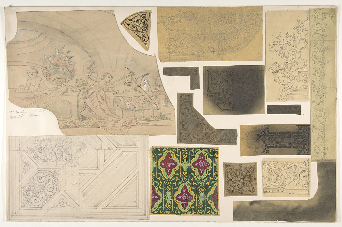 Fifteen Sketches for Ceiling and Cove Designs, Hôtel Rothschild, Vienna, Jules-Edmond-Charles Lachaise (French, died 1897), 15 sheets pasted down. 6 pounced. Media include graphite, pen and gray and black ink, and gouache 