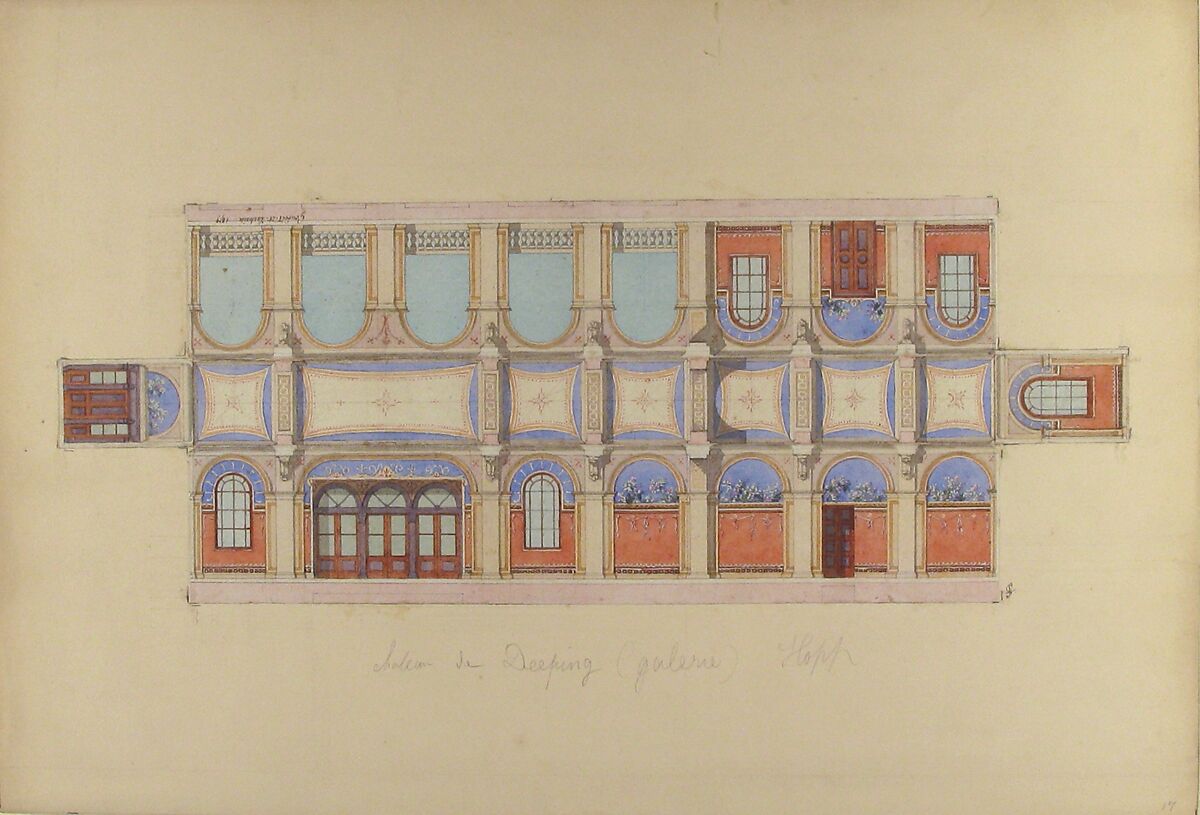 Plan and Elevation of Gallery, Deepdene, Dorking, Surrey, Jules-Edmond-Charles Lachaise (French, died 1897), Pen and brown ink, watercolor, graphite