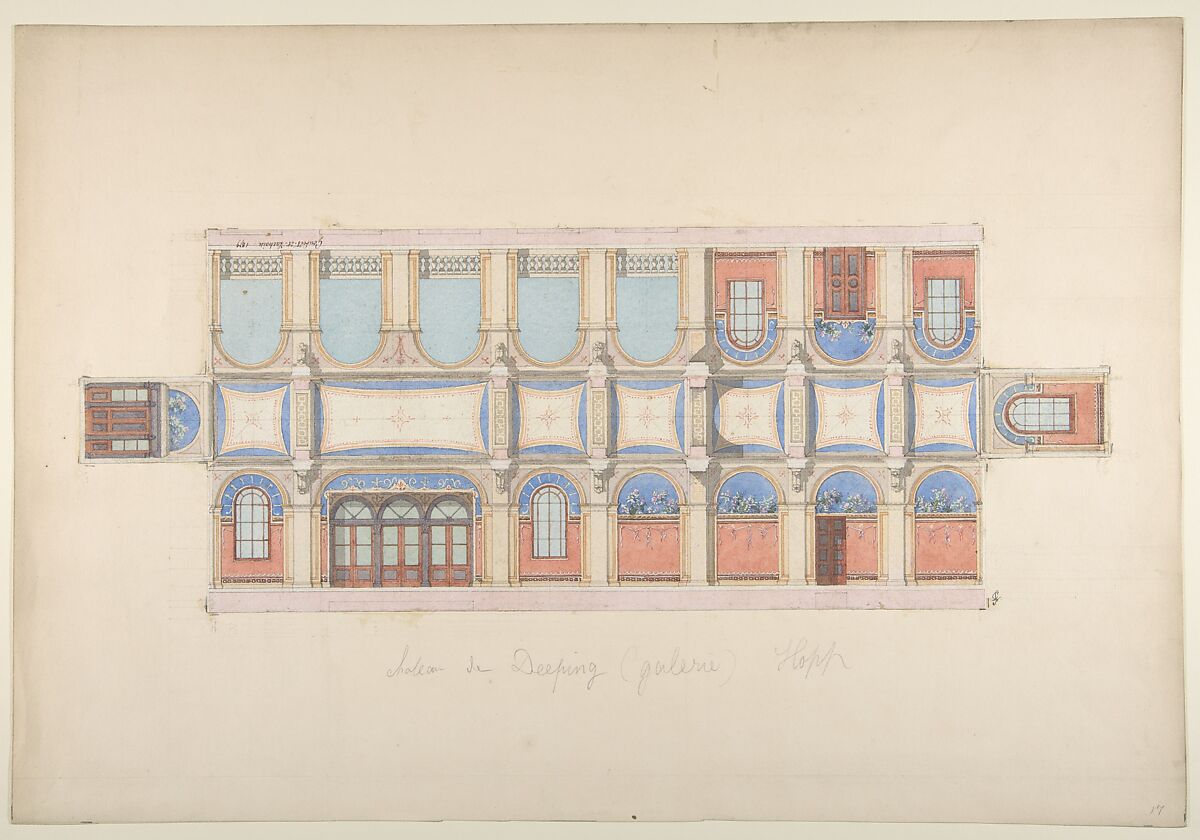Plan and Elevation of Gallery, Deepdene, Dorking, Surrey, Jules-Edmond-Charles Lachaise (French, died 1897), Pen and brown ink, watercolor, graphite 