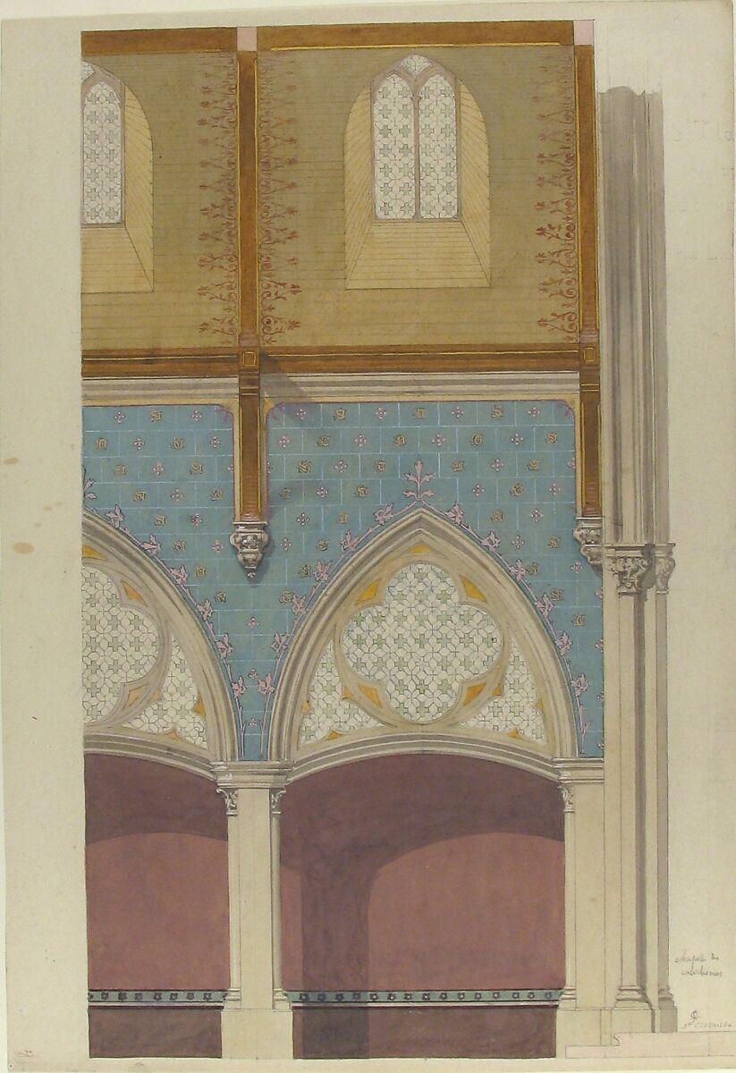 Elevation of Nave, Chapelle des Catéchismes, Ste Clothilde, Paris, Jules-Edmond-Charles Lachaise (French, died 1897), Pen and brown ink, brush and gray wash, watercolor, gouache, gilt, and graphite