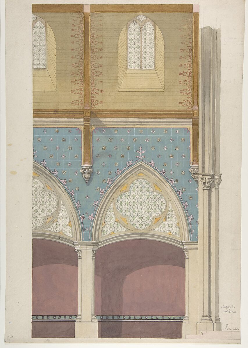 Elevation of Nave, Chapelle des Catéchismes, Ste Clothilde, Paris, Jules-Edmond-Charles Lachaise (French, died 1897), Pen and brown ink, brush and gray wash, watercolor, gouache, gilt, and graphite 