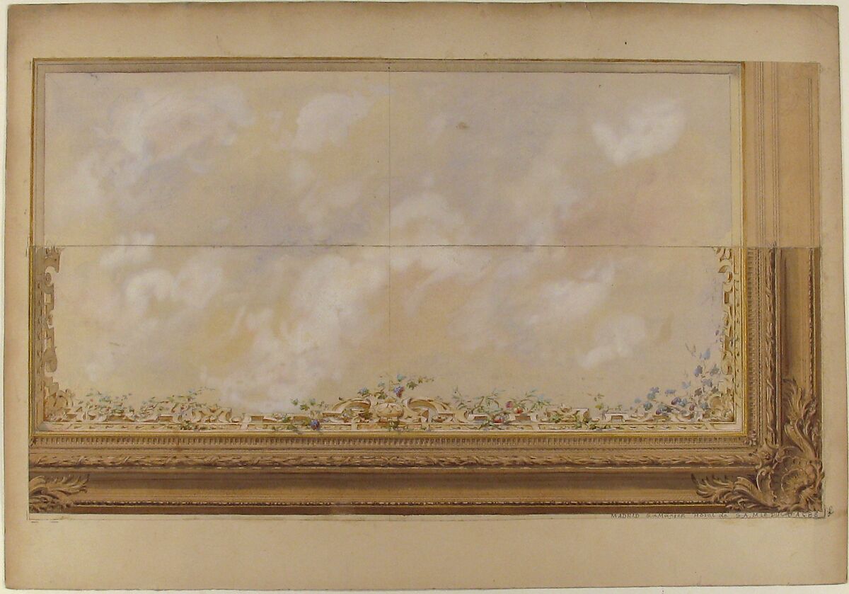 Ceiling Design for the Dining Room of the Duke d'Albe, Madrid, Jules-Edmond-Charles Lachaise (French, died 1897), Graphite, pen and brown ink, brush and brown wash, watercolor, gilt. Two sheets joined together.