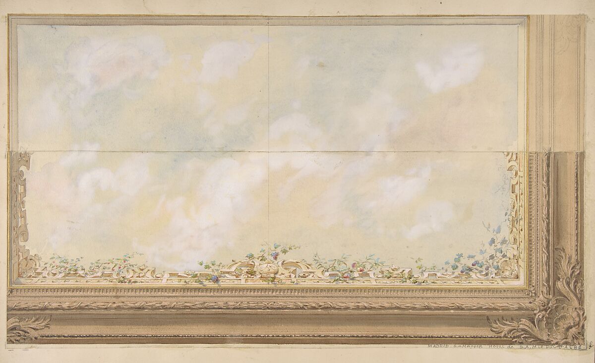 Ceiling Design for the Dining Room of the Duke d'Albe, Madrid, Jules-Edmond-Charles Lachaise (French, died 1897), Graphite, pen and brown ink, brush and brown wash, watercolor, gilt. Two sheets joined together. 