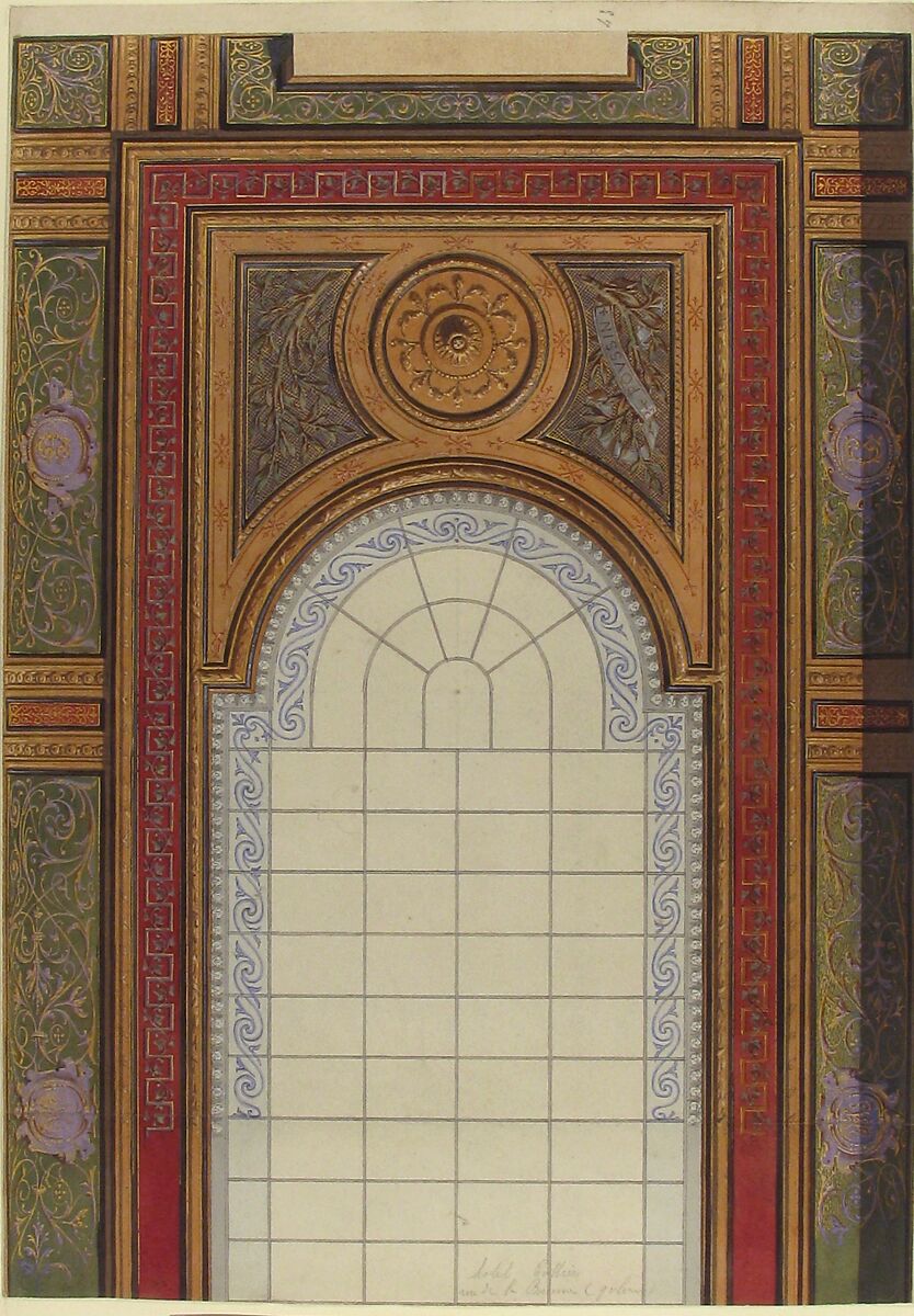 Gallery Ceiling Design, Hôtel Cottier, Jules-Edmond-Charles Lachaise (French, died 1897), Graphite, pen and gray ink, brush and gray wash, watercolor, gilt