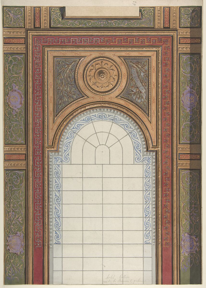 Gallery Ceiling Design, Hôtel Cottier, Jules-Edmond-Charles Lachaise (French, died 1897), Graphite, pen and gray ink, brush and gray wash, watercolor, gilt 