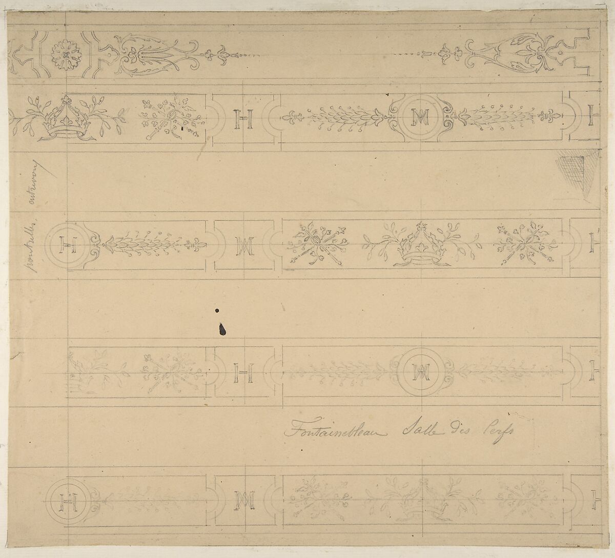 Ceiling Design for the "Salle des Cerfs", Fontainebleau, Jules-Edmond-Charles Lachaise (French, died 1897), Graphite 