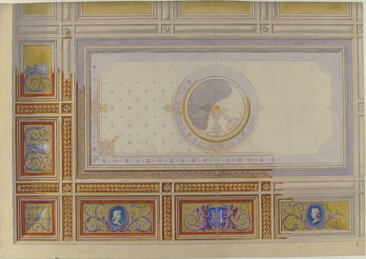 Ceiling Design for Bedroom of Duchesse de Newcastle, Hôtel of Madame Hope, Jules-Edmond-Charles Lachaise (French, died 1897), Pen and gray ink, brush and gray wash, watercolor, gilt, gouache.